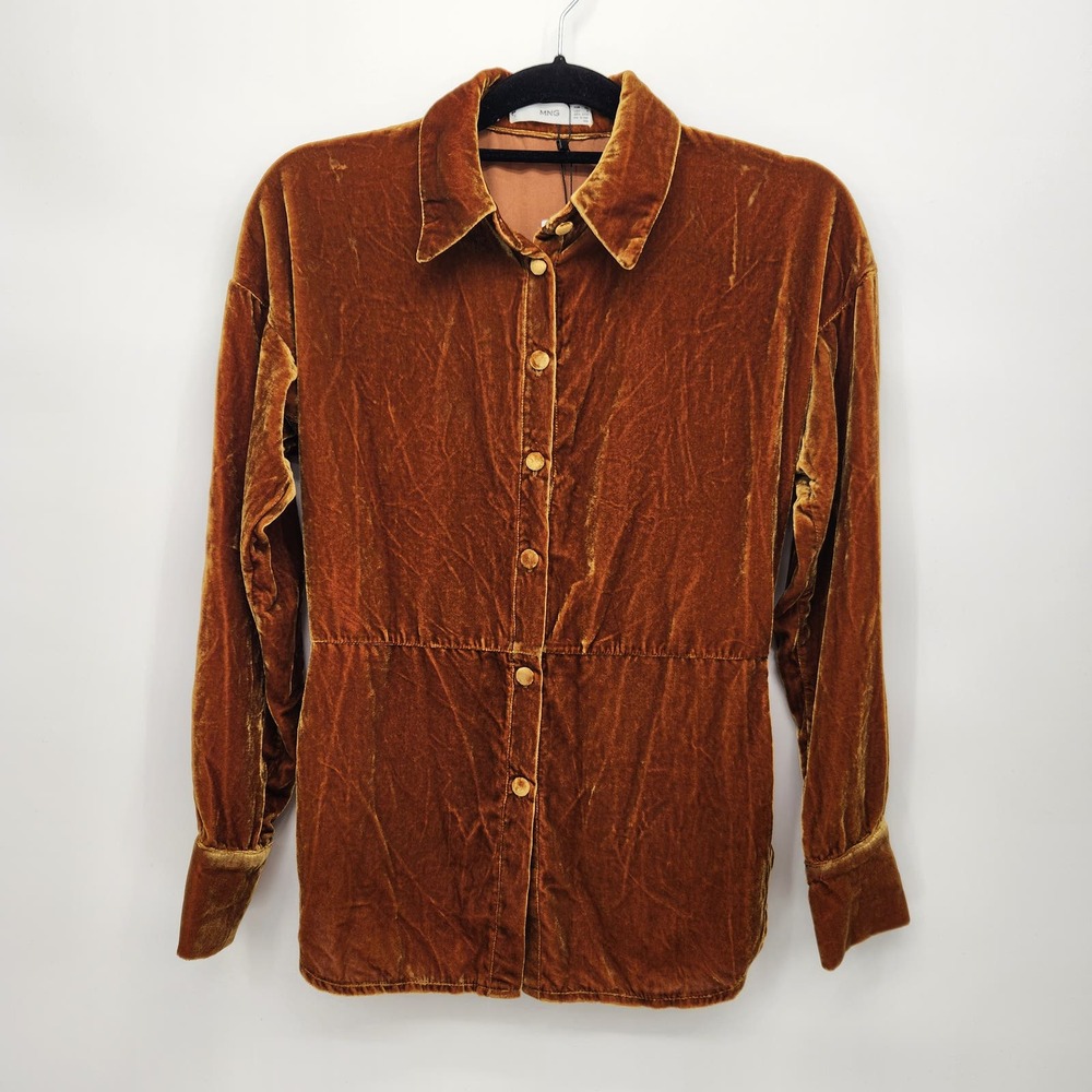 NWT‎ MNG Brown Crushed Velvet Long Sleeve Button Up Women's Top Size 2 (XS)